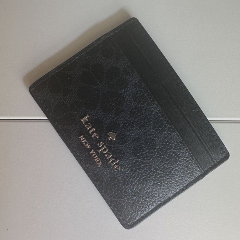 Kate Spade New York Spade Flower Black Slim Card Holder Wallet Gold Logo